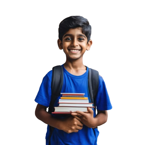 A smiling student in a blue T-shirt holding a stack of books